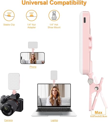 Hagibis LED Camera Light Video Lights Portable Photography Lighting 60 LED 2200mAh Rechargeable Selfie Light 7 Modes, 10-Level Brightness, Portable Clip on Light for Phone/Tablet/Laptop, Pink - color: Pink