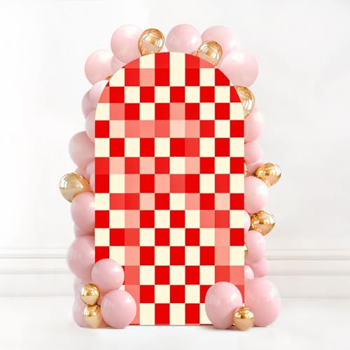 7.2FT Wedding Arch Backdrop Cover red White Checkered Seamless Red White Graphic Checkered Spandex Fitted Fabric Round Top Stretchy Stand Covers for Baby Shower Birthday Party Decoration - color: Color6, size: 7.2x4 FT