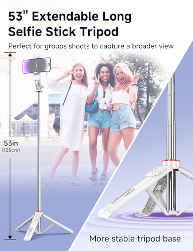 Selfie Stick Tripod with 2 Light, 3 Light Modes & 6 Brightness Levels Extendable Phone Tripod with Detachable Remote & Phone Holder, Portable Camera Tripod Compatible with iphone16 15 14 13/Android - color: White