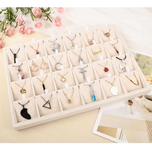 24 Grids Stackable Jewelry Tray Organizer with Removable Dividers, Velvet Jewelry Display Tray for Earrings Necklaces Bracelet Rings Display Showcase - Light Khaki - color: Light Khaki
