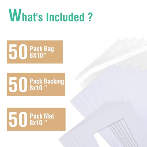 Acid Free 50 Pack 11x14 Pre-Cut Mat Board Show Kit for 8x10 Photos, Prints or Artworks, 50 Core Bevel Cut Matts and 50 Backing Boards and 50 Crystal Plastic Bags, White - size: 11x14-50 Pack
