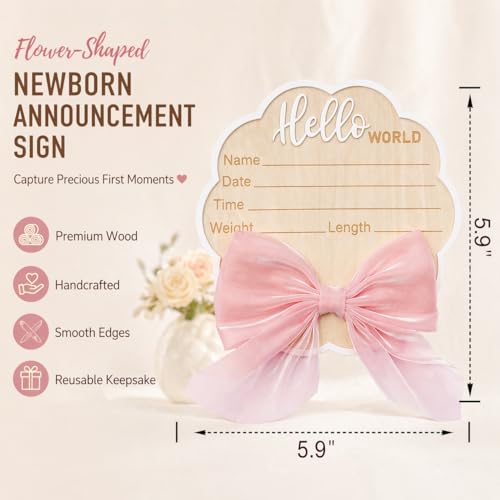 Flower-Shaped Newborn Announcement Sign for Baby Girl, Wooden Hello World Birth Stats Board with Pink Bow, Hospital Photo Prop, Baby Name Keepsake - color: Pink Bow