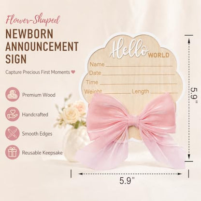 Flower-Shaped Newborn Announcement Sign for Baby Girl, Wooden Hello World Birth Stats Board with Pink Bow, Hospital Photo Prop, Baby Name Keepsake - color: Pink Bow
