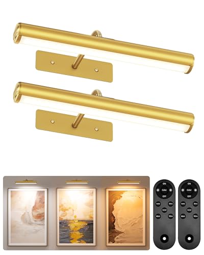 EZVALO Picture Light for Wall, ⁠13-Inch Wireless Rechargeable 4000mAh LED Art Light with Remote, Dimmable 3 Color Temps, Battery Operated Wall Light for Living Room, Bedroom, Gallery (Gold, 2 Pack) - color: Gold, size: 13inch