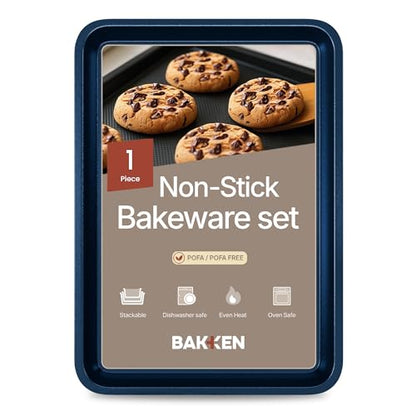 BAKKEN Kitchen Baking Pans - Nonstick Blue Coating, 13.58’’ × 9.65’’ Commercial Grade Carbon Steel Cookie Sheet, Diamond Texture Bottom, PFOA, PFOS, PTFE Free, Oven Safe Tray (450°F), Blue - color: Blue, size: Pack of 1