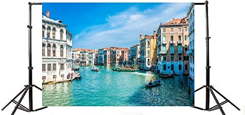 AOFOTO 12x10ft Italy Venice Photography Backdrop Water City Streetscape Italian Themed Party Decorations Background for Restaurant Canal Gondolas European Trip Birthday Portrait Photoshoot Props - size: 12x10ft