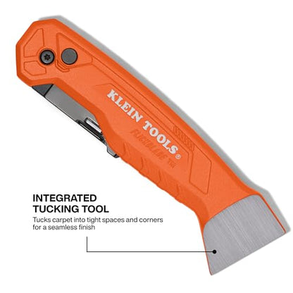 Klein Tools 44310 FLICKBLADE Carpet Blade Folding Utility Knife, Two Locking Positions at 135-Degree and 180-Degree, Integrated Tucking Tool, Tool-Free Blade Change, Durable Aluminum Body - style: Flickblade Carpet Knife