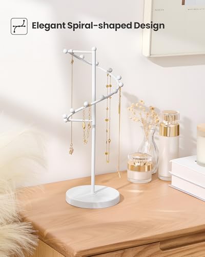 Lolalet Necklace Stand with 11 Hooks, Helix-shaped Jewelry Organizer Metal Rack Long Necklaces Hanging Display Holder Round Base Antique Jewelry Bracelets for Girls Women Wife -White - color: White