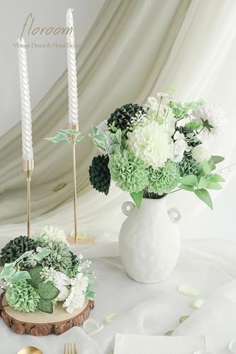 Floroom Artificial Dahlia Flowers 25pcs Real Looking Forest Green Shades Foam Fake Roses with Stems for DIY Wedding Bouquets Bridal Shower Centerpieces Sage Green Floral Arrangements Tables Decoration - color: Shades of Forest
