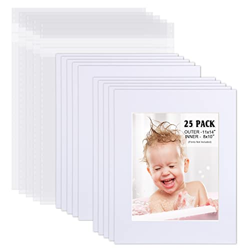Egofine Pack of 25 White Pre-Cut Mat Board 11x14 Picture Mat for 8x10 Photo with White Core Bevel Cut Mattes Sets. Includes 25 High Premier Acid Free Mats & 25 Backing Board & 25 Clear Bags - color: White-11"x14" Pack of 25 Complete Set