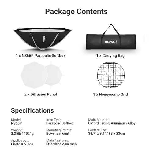 NEEWER BASICS Parabolic Softbox, 47.2" Bowens Mount Soft Box, Light Diffusers/Grid/Bag, Compatible with Aputure 150c Compatible with Godox SL60w NEEWER FS300C FS230C FS150B HB80C CB200C Q6 Q300, NS66P - size: 120cm/47.2"