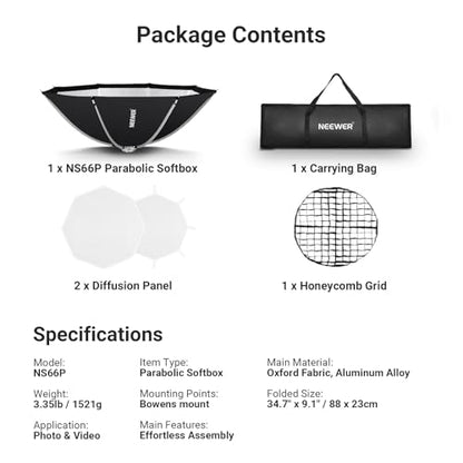 NEEWER BASICS Parabolic Softbox, 47.2" Bowens Mount Soft Box, Light Diffusers/Grid/Bag, Compatible with Aputure 150c Compatible with Godox SL60w NEEWER FS300C FS230C FS150B HB80C CB200C Q6 Q300, NS66P - size: 120cm/47.2"