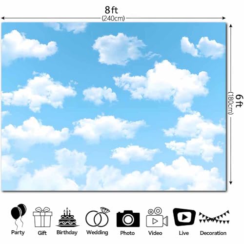 8x6FT Blue Sky White Clouds Photography Background World Travel Aviator Backdrop Baby Shower Portrait Photo Booth Studio Props Kid Birthday Party Newborn Wedding Decor Banner Polyester - size: 8x6FT