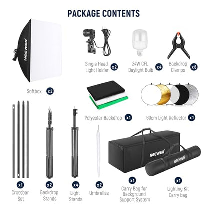 NEEWER Photography Lighting Kit with Backdrops,8.5x10ft Backdrop Stands,5700K 800W Equivalent 24W LED Umbrella Softbox Continuous Lighting,60cm Light Reflector, Photo Studio Equipment for Video Shoot - style: NK102