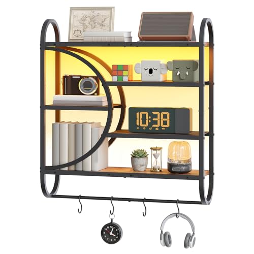 HOOBRO Gaming Floating Shelf with LED Lights, 28.9" LED Wall Mounted Shelf, 5-Tier Display Rack for Wall Storage, Floating Rack with Hanging Rod and 4 S-Hooks, Rustic Brown and Black BF50DBJ01 - color: Rustic Brown + Black