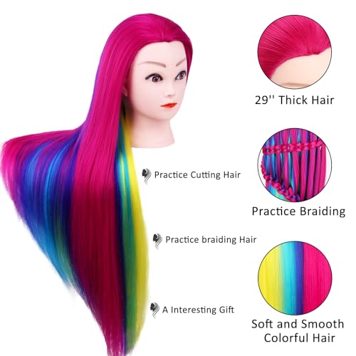 Mannequin Head with Hair, Beauty star 29" Cosmetology Doll Head for Hair Styling to Practice on, Hairdressing Training Braiding Heads with Clamp Stand Holder Kit - color: Hot Pink