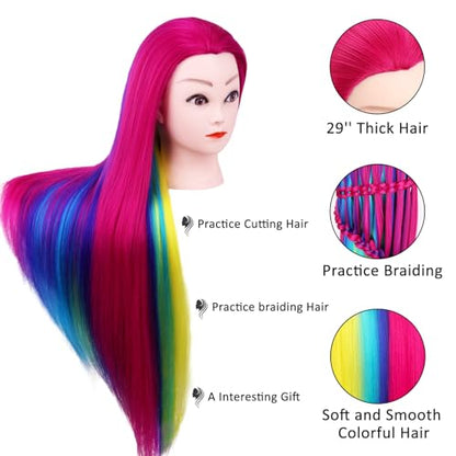 Mannequin Head with Hair, Beauty star 29" Cosmetology Doll Head for Hair Styling to Practice on, Hairdressing Training Braiding Heads with Clamp Stand Holder Kit - color: Hot Pink