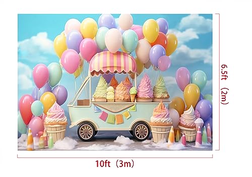 Kate 10x6.5ftSummer Ice Cream Car Backdrop for Photography Colorful Balloons Cake Smash Blue Sky Birthday Party Background for Kids Photo Props - size: 10x6.5ft
