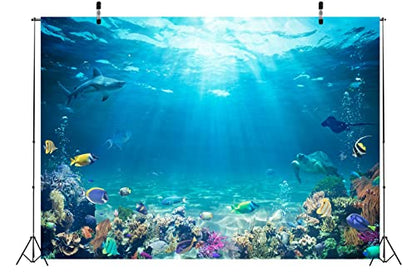 BELECO Underwater World Backdrop 12x10ft Fabric Undersea Backdrop for Photography Under The Sea Tropical Fish Dolphin Turtle Coral Deep Sea Sunlight Seabed Background Undersea Party Photo Studio Prop - size: 12x10FT