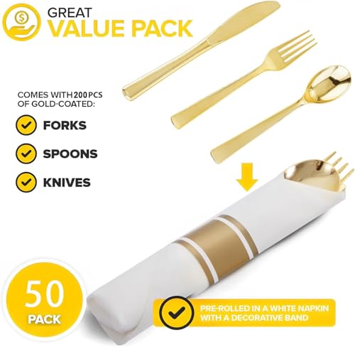50Guests Pre Rolled Gold Plastic Silverware Sets - Heavy Duty Gold Cutlery - Include 50 Pack Wrapped Disposable Utensils with Napkins for Parties, Dinners & Weddings - color: 50Pack - Gold