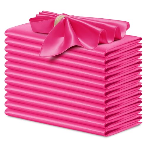 P Pothuiny 12 Pcs Silky Hot Pink Satin Napkins 17 x 17 Inches, Square Smooth Wedding Dinner Napkins Satin Cloth Napkins Table Napkins for Banquet Party Restaurant Decor, Thanksgiving, Christmas - color: Hot Pink