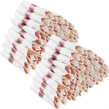 Goodluck 100 Pack Pre Rolled Rose Gold Plastic Silverware, Wrapped Cutlery Set with Napkin Include 100 Forks, 100 Knives, 100 Spoons and 100 Napkins, Fancy Disposable Silverware for Party, Wedding - size: 100pc, style: Rose gold