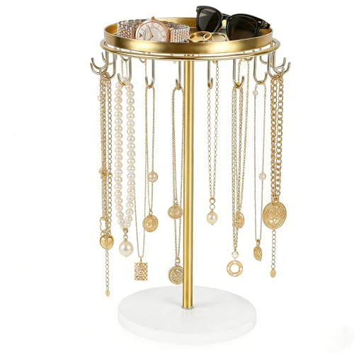 Necklace Holder Metal Jewelry Organizer Stand, Necklace Organizer Hanger with Tray & Hooks for Desk, Jewelry Holder for Necklaces Bracelets and Keychains, Elegant Home Hanging Decor - Gold - color: Gold