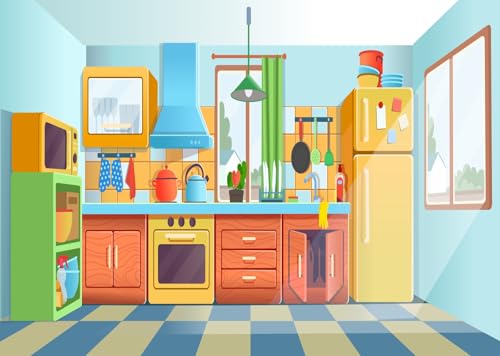 15x8ft Fabric Cartoon Kitchen Background Baking Cooking Party Decorations Kitchen Backdrops for Photography Bake Class Banner Baby Children Photoshoot Photo Props - size: 15x8ft