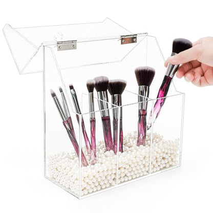 Okllen Makeup Brush Holder with Dustproof Lid, White Pearls, Acrylic Clear Makeup Brush Organizer with 3 Compartment, Large Cosmetic Brush Storage Box Case for Vanity, Bathroom, Bedroom
