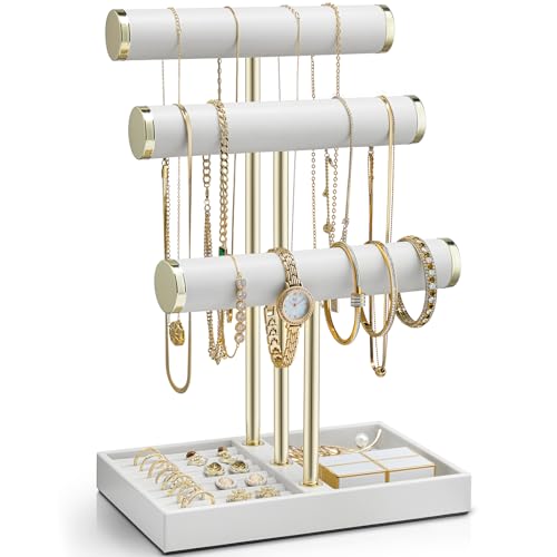 VLANDO 3 Tier Bracelet Holder Organizer with Tray - Mothers Day Gifts Leather Jewelry Stand Organizer for Mom - Jewelry Holder Display for Necklace, Watches, Rings, Earrings, Bangle, Scrunchie - White - color: A. White, size: 3 Tier
