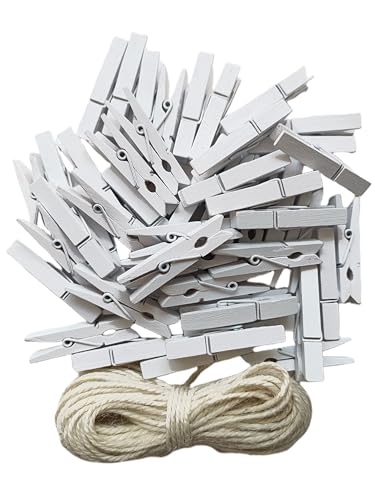 1.9 Inch White Small Clothes Pins Paper Picture School Work Holders Baby Shower Clothing Line Clips with Twine Pack 50 - color: 50pcs (2 Inch) White + Jute Twine