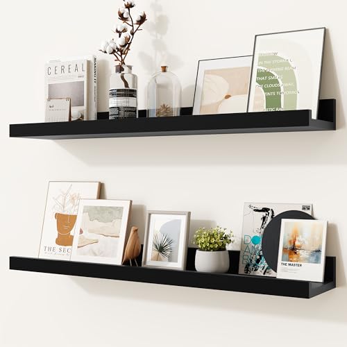 Heimlove Picture Ledge Shelf,24 inch Long Floating Shelves for Wall Set of 2,Black Picture Shelf with Lip for Wall Decor,Living Room,Bedroom,Bookshelf,Nursery,Perfume - color: Black, size: 24'', Set of 2