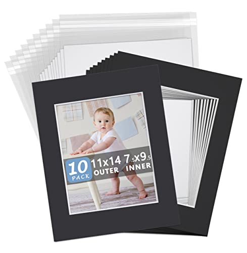 Somime 10 Pack 11x14 Black Picture Mat Kit for 8x10 Photo with White Core Bevel Cut Mattes Sets - Includes 10 Acid Free Pre Cut Mats & 10 Backings & 10 Print Sleeve Bags - size: 11x14 10pack black complete set for 8x10