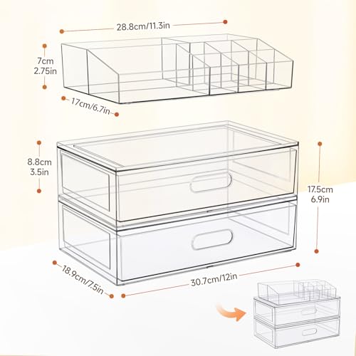Clear Stackable Makeup Organizer with Drawer, 12''W Acrylic Storage Drawers, Cosmetic Display Case for Vanity Bathroom Countertop, Beauty Holder for Lipstick Brush Skincare Perfume (4 Pack) - size: 4 Pack