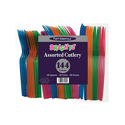 Party Essentials Heavy-Duty Hard Plastic Cutlery Combo Pack, 144 Pieces/48 Place Settings, Assorted Neon Brights - size: 144 Pieces/48 Place Settings