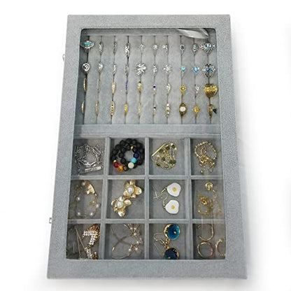 Ice Velvet Rings Organizer Box Mix 12 Grids Jewelry Tray Display Showcase with Clear Lid and Lock Grey - color: 12 Grids & 11 Slots