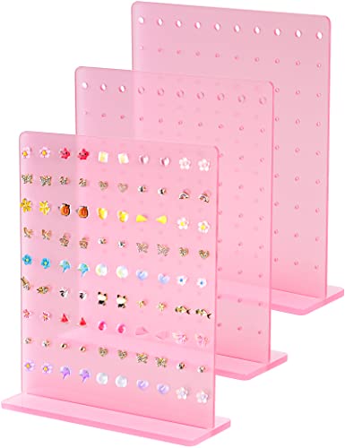 NiHome Acrylic Earring Stand 3PCS, Exquisite Double-Sided Acrylic Earring Organizer with 90 Holes Each - Lightweight and Sturdy Material, Unique Design with Larger Holes for Special Sizes - color: Pink-Square Base