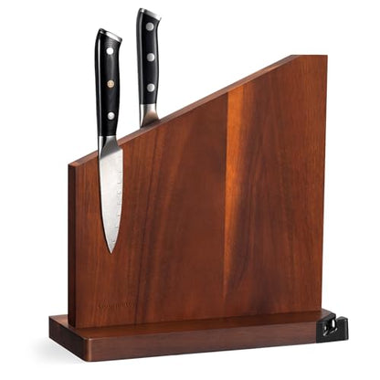 Gourmetop Magnetic Knife Holder with Built-in Sharpener, 100% Acacia Wood Magnetic Knife Block without Knives, Strong Double-Sided Magnetic Knife Holder for Kitchen Countertop Organization, Dark Wood - color: Dark Wood