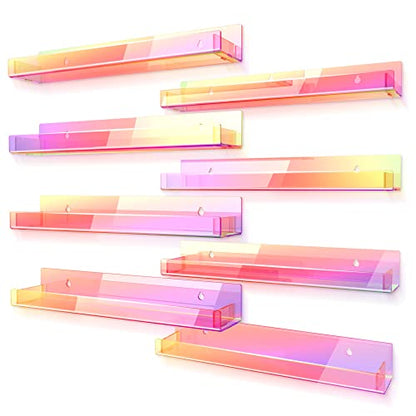 8 Pack 15 Inch Iridescent Acrylic Shelves, Clear Rainbow Kids Floating Bookshelf for Kids Room, Modern Sunglasses Essential Oil Picture Ledge Display Toy Storage Wall Shelf - color: 15in-iridescent-8 Pack