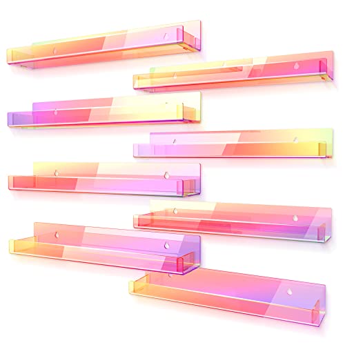 8 Pack 15 Inch Iridescent Acrylic Shelves, Clear Rainbow Kids Floating Bookshelf for Kids Room, Modern Sunglasses Essential Oil Picture Ledge Display Toy Storage Wall Shelf - color: 15in-iridescent-8 Pack