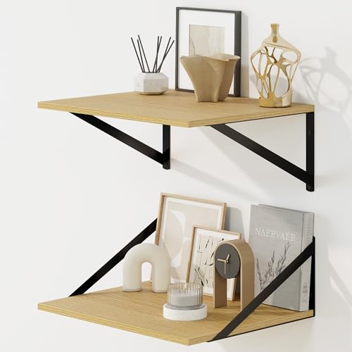 Fun Memories Floating Shelves for Wall, 12 Inch Deep Floating Shelves Set of 2, 16W x 12D Large Wall Shelf with Sturdy Metal Brackets for Living Room, Bathroom, Bedroom and Kitchen, Oak - color: A-oak, size: 16"W x 12"D