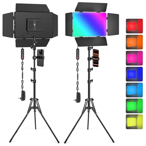 2 Pack RGB LED Video Light with Barndoor, 2500K-8500K CRI 98+ Dimmable Bi-Color LED Studio Light Panel, 12 Effects Photography Lighting Kit for Video Recording Shooting Live Streaming Podcast