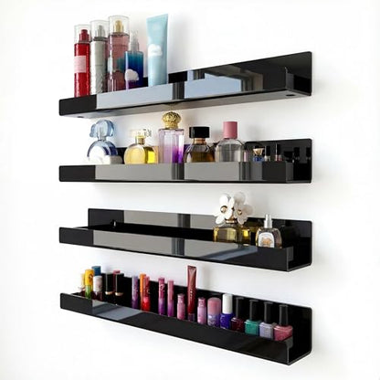 4 Pack 15 Inch Black Acrylic Shelves, Black Kids Floating Bookshelf for Kids Room, Modern Nail Polish Rack Sunglasses Essential Oil Picture Ledge Display Toy Storage Wall Shelf - color: 15in-black