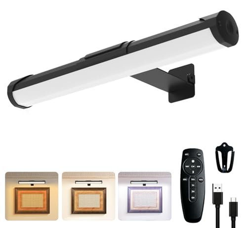 MIOBLUE Picture Light Battery Operated, 13.8in Wireless Art Light for Paintings, Dimmable 4400mAh Recharging Battery Display Light with Remote Control for Wall, Gallery Dartboard Art Bedroom - color: Black, size: 13.8inch