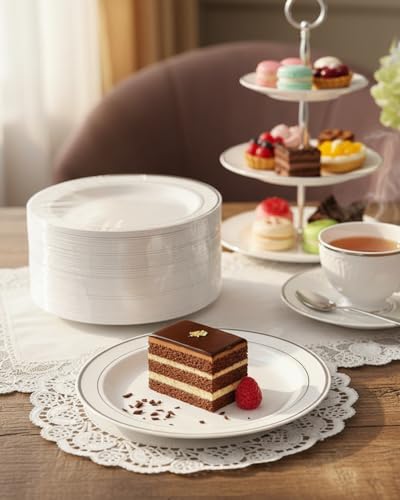 bUCLA 100Pieces Silver Plastic Plates - 6.25inch White with Silver Rim Disposable Salad/Dessert/Appetizer/Small Cake Plates for Weddings, Parties&Gathering - color: 6.25Inch-100pcs-Silver