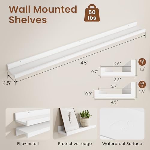 Heimlove Picture Ledge Shelf,48 inch Long Floating Shelves for Wall Set of 4,White Picture Shelf with Lip for Wall Decor,Living Room,Bedroom,Bookshelf,Nursery,Perfume - color: White, size: 48'', Set of 4