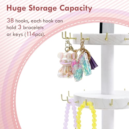 Pinzoveco Bracelet Holder, 3 Tier Wooden Rotating Bracelet Display Stand, Tree Stand Vendor Booth Display with Adversitsing Board, 36 Hooks for Bracelet, KeyChain Display Stand, White (Patent Pending) - color: Weathered White