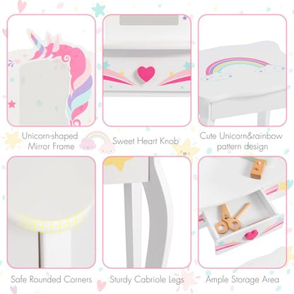 Spirich Kids Vanity, Girls Vanity Set with Mirror and Stool and Lights, Kids Vanity Table and Chair Set, Wooden Princess Makeup Desk Dressing Table - size: Unicorn and Rainbow