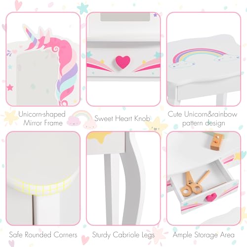 Spirich Kids Vanity, Girls Vanity Set with Mirror and Stool and Lights, Kids Vanity Table and Chair Set, Wooden Princess Makeup Desk Dressing Table - size: Unicorn and Rainbow