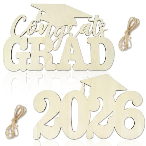 2Pcs Class of 2026 Wood Signs Graduation Decorations 2026 Wooden Sign Congrats Grad Photo Booth Props for Graduation Party Decoration Wood Cutout High College School Party Supplies